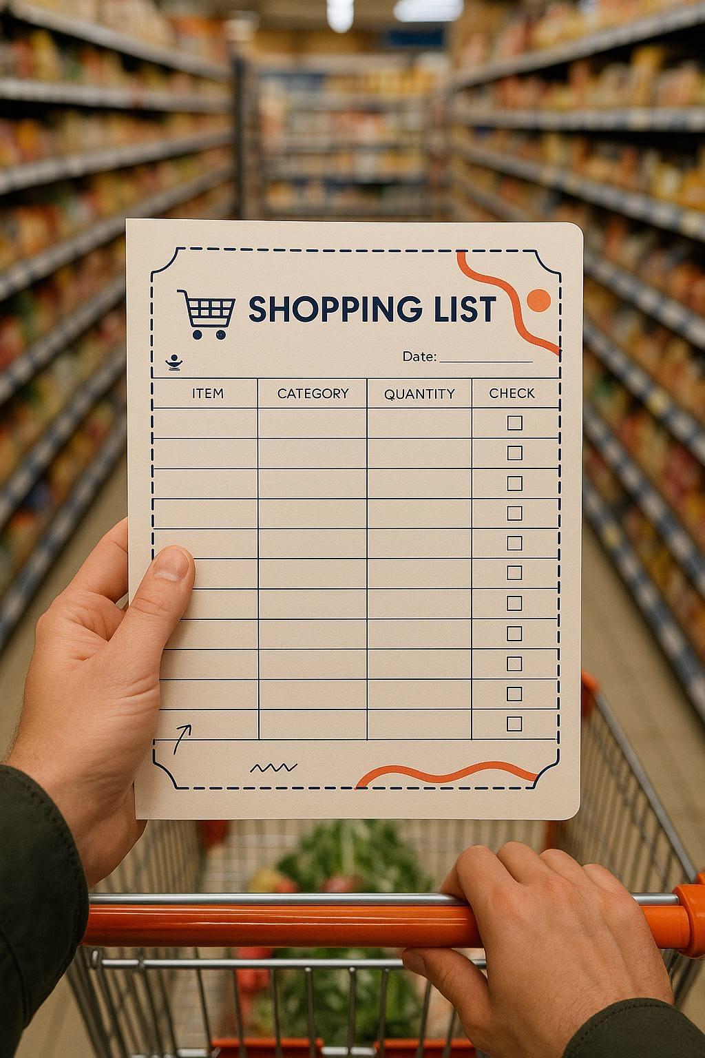 Person reviewing a categorised grocery list on a tablet beside reusable shopping bags
